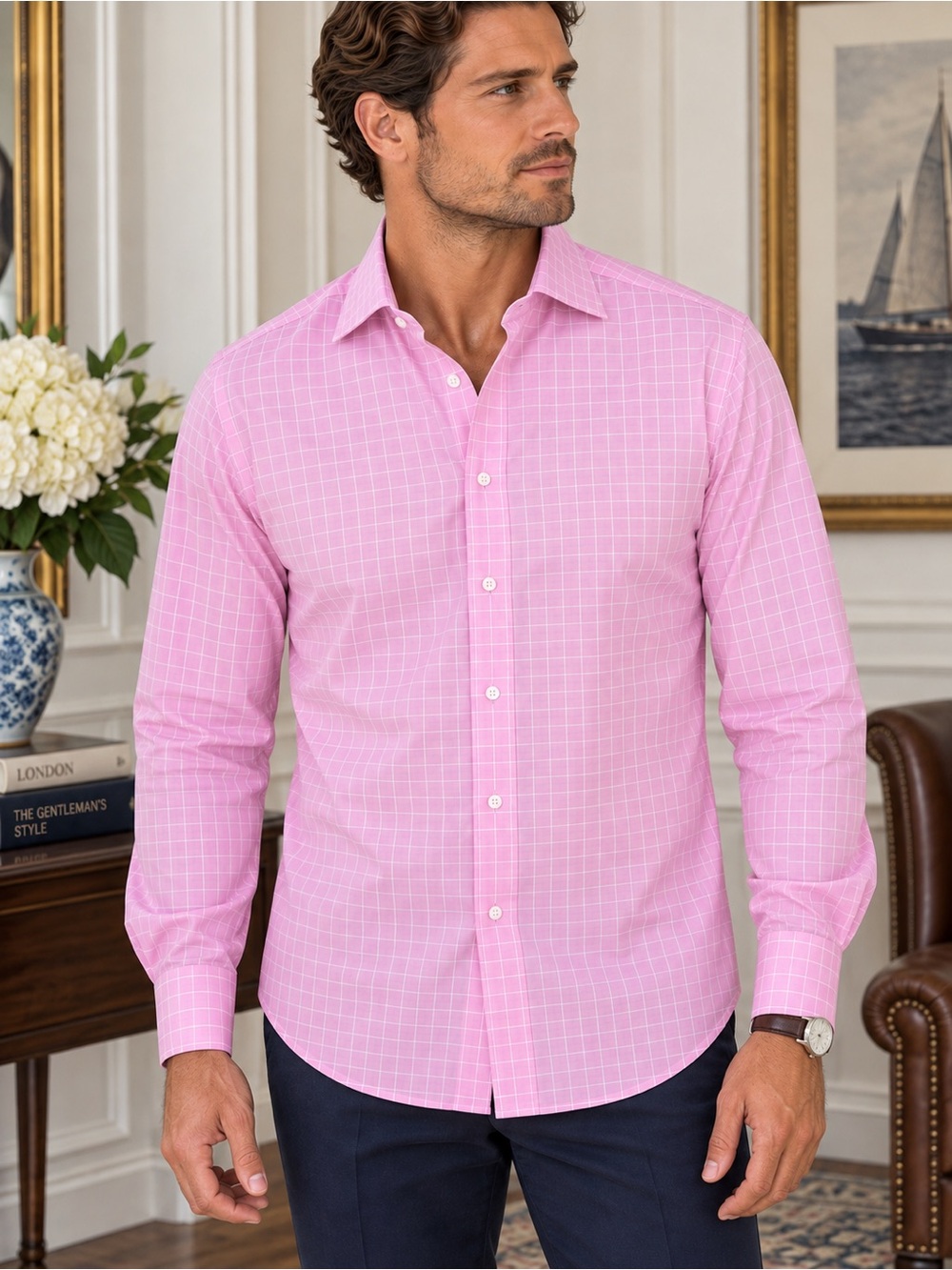 Thomas Pink Jermyn Street Men’s 16 34.5 Pink Check Cotton Dress Shirt #558